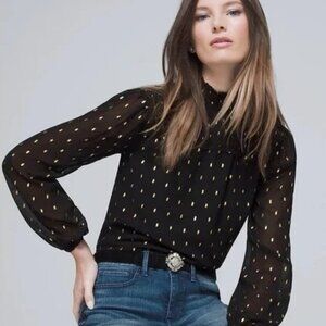 WHBM Black and Gold Foil Dot Long Sleeve Blouse M